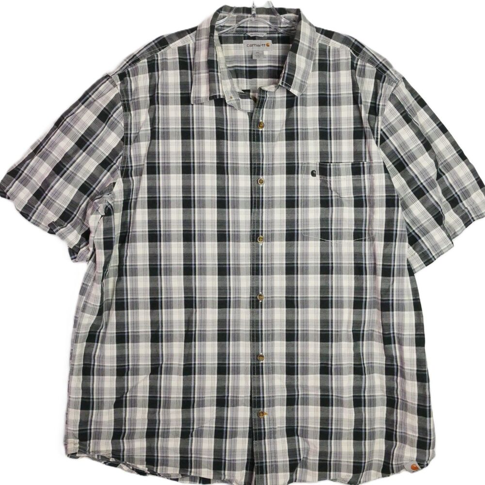 Carhartt Mens Size XL Relaxed Fit Short Sleeve Button Up Plaid Gray Shirt Pocket